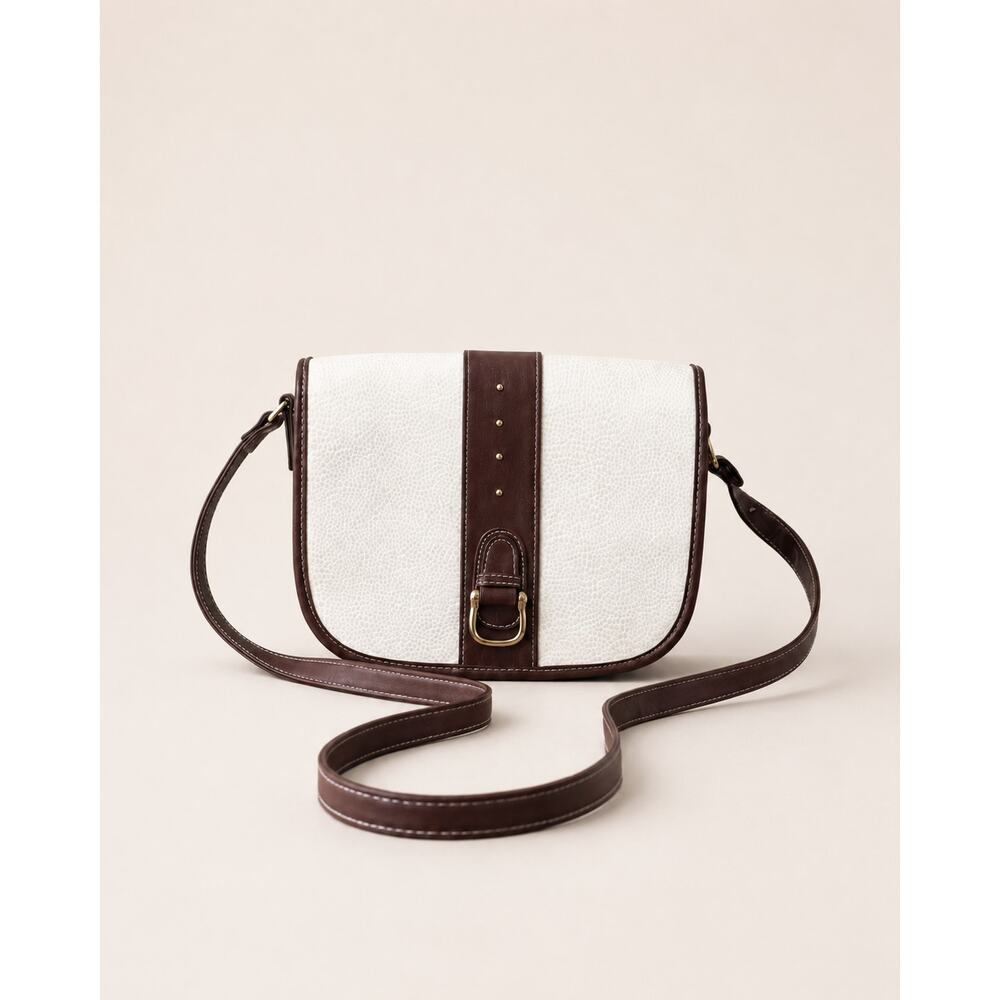 Cream Brown Saddle Crossbody Bag Faux Leather Shoulder Bag Vintage Inspired
